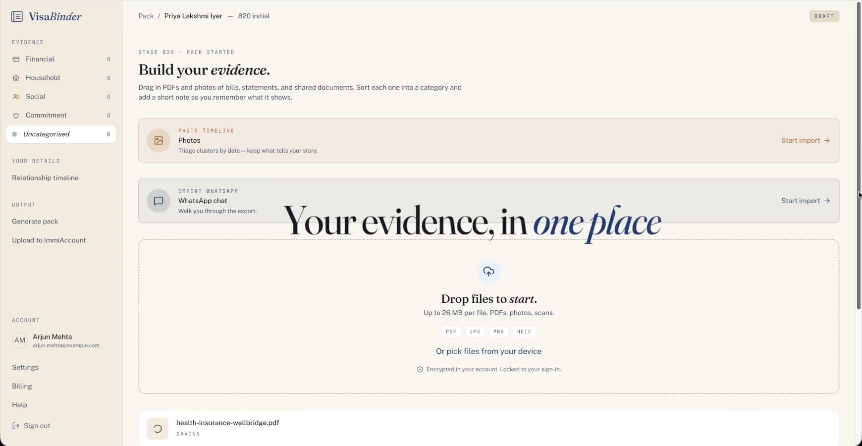 VisaBinder evidence-pack workspace showing organised Partner Visa documents